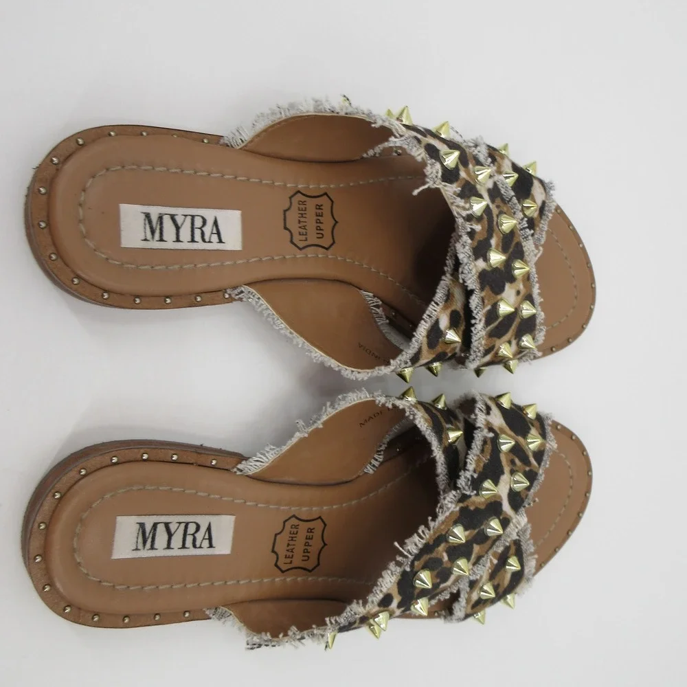 Myra Womens Leopard Print Studded Crisscross Slide Sandals Flat Brown Size 9